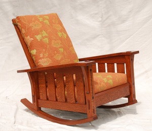 Slant Arm Gustav Stickley inspired Morris Rocking Chair with Limbert style ebony inlay